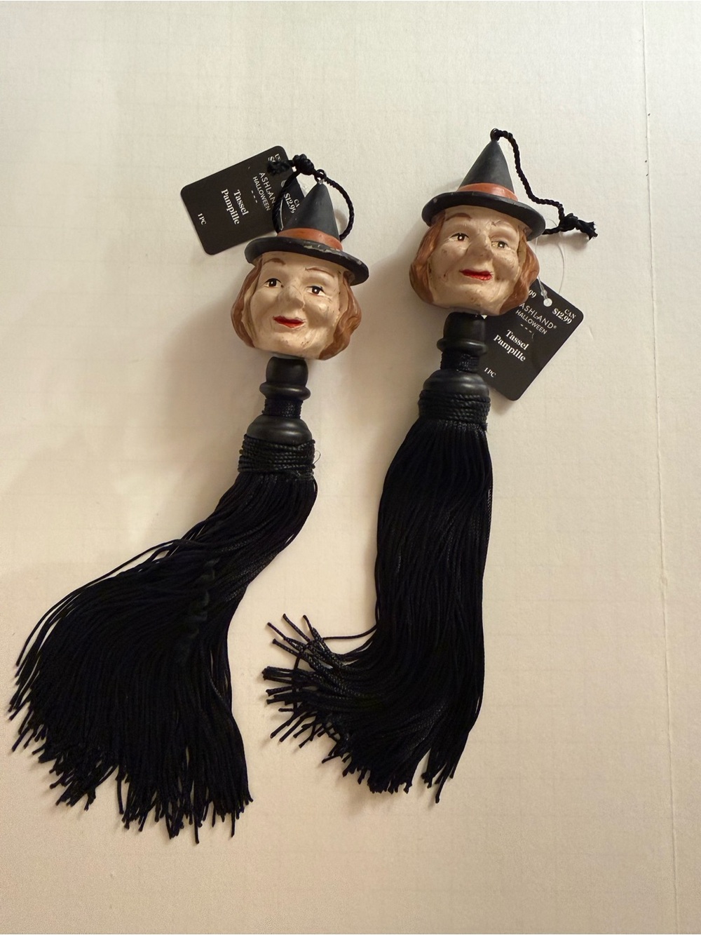 9.5” Black Witch Tassel Ornaments Halloween Vintage Spirits by Ashland set of 2